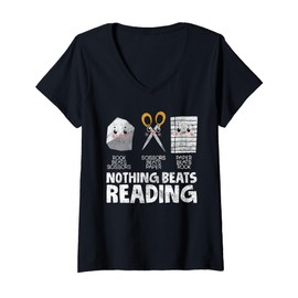 Womens Rock Paper Scissor Reading Book Reading Teacher Bookworm Te V-Neck T-Shirt