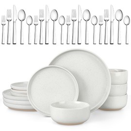LIANYU 32PC Dinnerware Sets with Silverware for 4, Stoneware Plates and Bowls Dish Set, Stainless Steel Square Flatware Cutlery, Kitchen Dining Dishware, Microwave & Dishwasher Safe, Snowy White