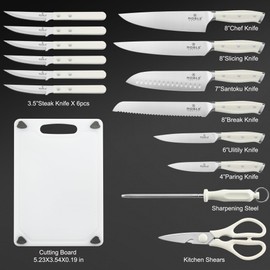 N NOBLE FAMILY In-drawer Knife Block Set, 16PCS Kitchen Knife Set with Wooden Block, Chopping Knives Set, Stainless Steel Knife Block Set, Sharp Cooking Knife Set with Cutting Board, Rust Proof, White