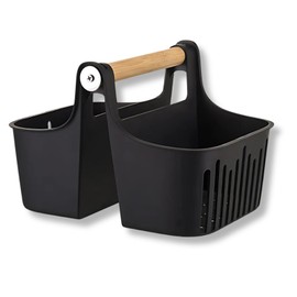 Boxonly Portable Shower Caddy with Bamboo Handle-Divided Organizer Basket for Toiletries,Makeup,and Jewelry-Perfect for Bathroom,Dorm,Shelf&Cabinet-Modern Eco-Friendly Design-Black