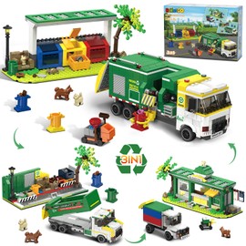 HiWEEGO City Garbage Truck Building Set, 3-in-1 811PCS Recycling Station Building Block Vehicle Toy with 3 Trash Sorting Bins Dumpster Model Birthday for 8-12+ Years Old Kids Boys Girls