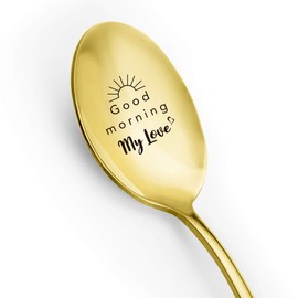 Aakihi Best for Wife Husband Girlfriend Boyfriend - Good Morning My Love Spoon - Funny Gold Plating Spoon Engraved Stainless Steel - Tea Coffee Spoon - Perfect for Birthday/Valentine/Anniversary