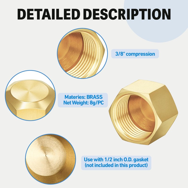 Hicarer 200 Pcs 3/8 Inch Brass Compression Cap Stop Valve