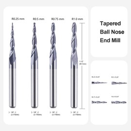 SpeTool 4Pcs Spiral End Mill Ball Nose, 0.25–1.0 Tip, 1/8'' Shank, CNC Router Bit Set, TiAlN Coated 2-Flute, Solid Carbide Milling Cutter for 2D and 3D Engraving
