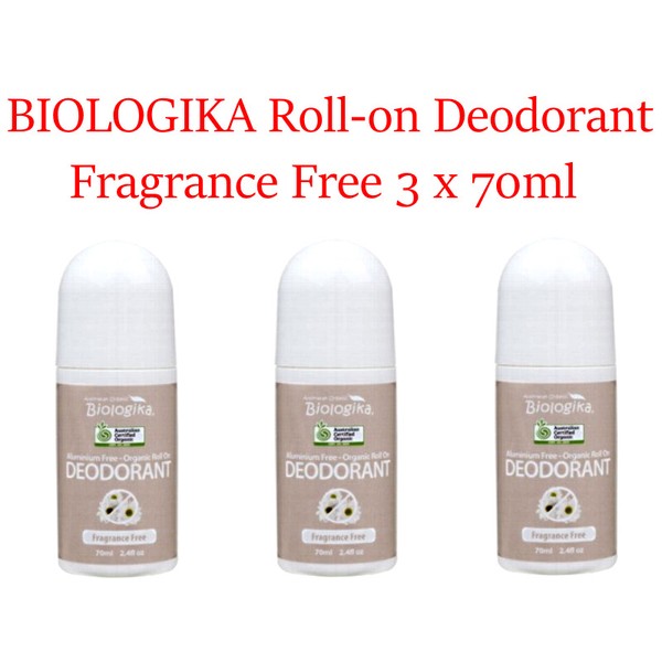 3 x 70ml BIOLOGIKA Fragrance Free Roll On Deodorant ( Certified Organic )