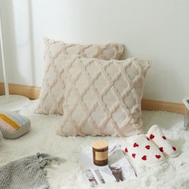 Beige Cushion Covers, 45 x 45 cm, Set of 2, Artificial Wool, Geometric Decoration, Living Room, Modern Chair, Swing, Garden, Patio