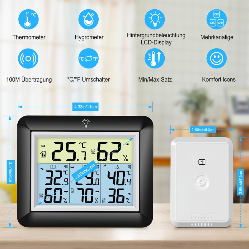 Urageuxy Wireless Thermometer with 3 Outdoor Sensors, Digital Thermometer Indoor
