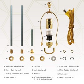 Royal Designs DIY Lamp Making Kit - Make, Refurbish, and Repair - Includes 3-Way Socket, 8" Harp, 8 ft Long lamp Cord & All Required Electrical Hardware - Polished Brass