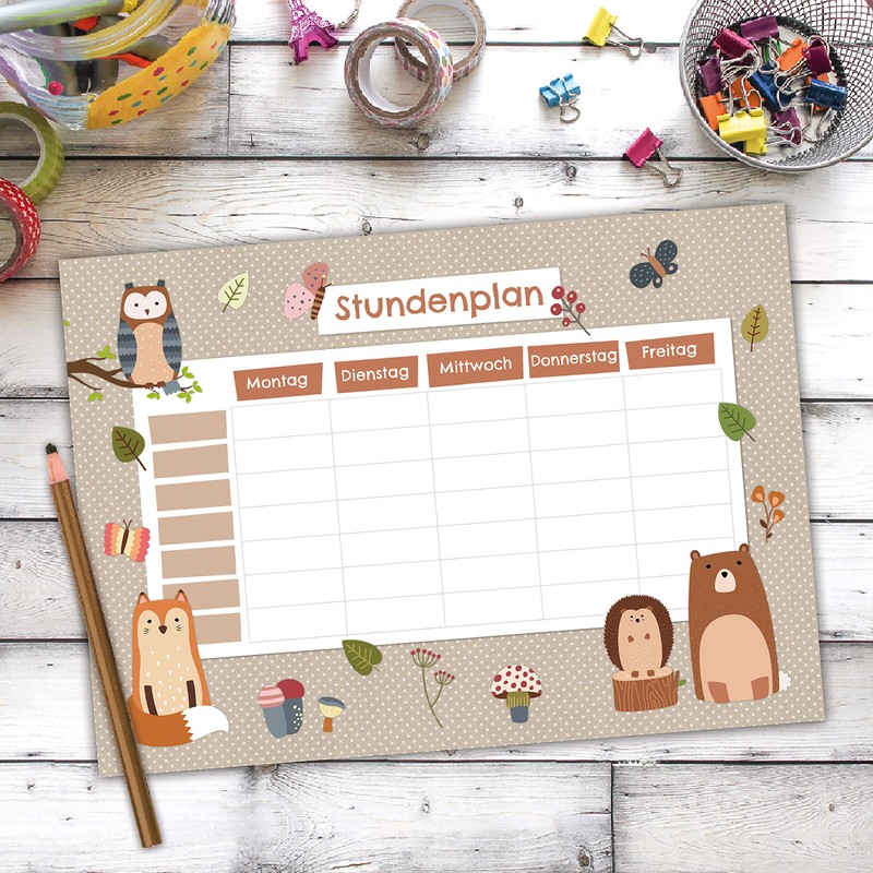 Papierdrachen Timetable DIN A4 Pad – Forest Animals – Writeable