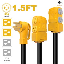 YSD 50 Amp to 20 Amp RV Distribution Adapter 4 Prong NEMA 14-50P Male to 4X5-20R/5-15R Household Outlet Female with Circuit Breaker RV Generator Adapter Cord (1.5FT)