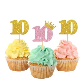 MonMon & Craft 10th Birthday Cupcake Toppers/Children Girls 10th Birthday Cupcake Toppers/Crown Ten Years Old/Kids Birthday Party Decorations Number 10 / Glitter - 24 Pcs
