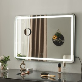 Abesthink Vanity Mirror with Lights,LED Lighted Makeup Mirror,Light Up Mirror with USB Charger,Smart Touch 3 Colors Dimmable,Large Lighted Mirror for Desk,Bedroom,Dressing Room Tabletop Black