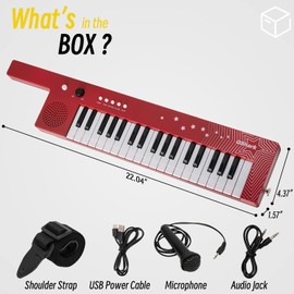 QShark Portable Piano Keyboard 37 keys, Electronic Karaoke Keytar Toys w/Microphone & Carry Strap, 4 Tones, 4 Rhythms, 10 Demo Songs, Rechargeable, Guitar Birthday Gifts for Boys Girls Kid Age 3+, Red