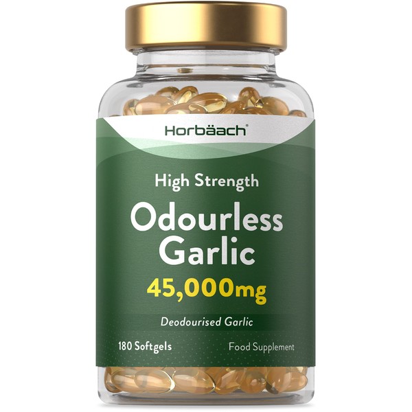 Odourless Garlic 45,000mg | 180 Softgel Capsules | High Strength, Deodourised | Food Supplement | by Horbaach