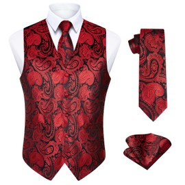 Enlision Waistcoats For Men Paisley Floral Jacquard Necktie Pocket Square Suit Vest Set for Wedding Party Business Red 2XL