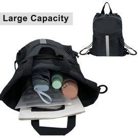 YUHAN PRETTY Drawstring Backpack with Shoes Compartment Waterproof Large String Cinch Beach Pool Bag for Swim Sports Gym(Black)