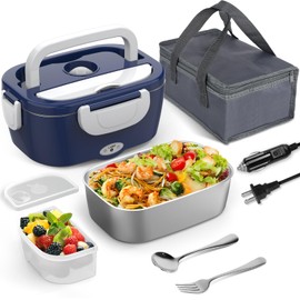 WisaKey White & Blue 60-80W Electric Lunch Box Food Heater, Heated Lunch Box for Man/Woman, 12V 24V 110V Portable Food Warmer LunchBox for Car Truck Work with 304 SS Container, Christmas Gift