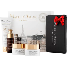 Marie d'Argan Kit Facial Antiedad 5 Piezas, Crema De Día Y Noche Con Oro 24K, Sérum Tensor, Limpiador Facial De Champagne Y Cosmetiquera, Rutina Skincare Para Firmeza, Hidratación Y Luminosidad