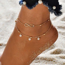 Atentuyi Boho Layered Pearl Pendant Anklet Gold Letter Ankle Bracelet Foot Chain Barefoot Beach Anklet Pearl Anklet Pearl Chain Anklet Jewelry for Women and Girls