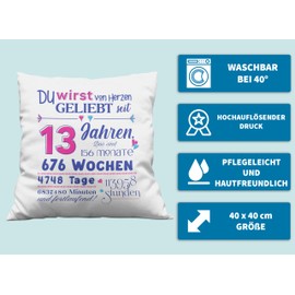 LIEBTASTISCH - Birthday Gift - Pillow for Birthday - Gift for Boys Girls Women Men - Choice of 4-100 Years - Gifts - (13 Years)