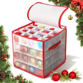 HILKKET Storage Box for Christmas Baubles, Christmas Bauble Box, Christmas Tree Bauble Bag, Christmas Baubles Storage with Adjustable Dividers, 64 Compartments, 4 Levels, 2 Zips