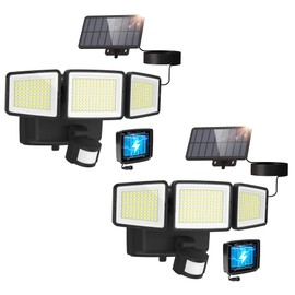 UME Hybrid Solar and Battery Powered Motion Sensor Outdoor Lights, 302 LED 1800LM, IP65 Waterproof, 3-Head Motion Activated LED Flood Light, Energy Efficient Hybrid Security Lights for Garden -2 Pack