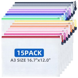 15 Pack Large Mesh Zipper Pouch Bags, 15 Colors A3 Size (16.7x12 in)