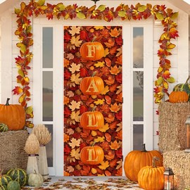 IMISHM Fall Door Cover Fall Door Decoration Pumpkin Leaves Hanging Banner Autumn Photo Background for Thanksgiving Harvest Festival Party Supplies