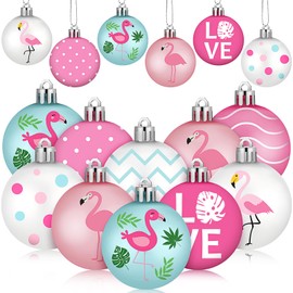 Silipull 24 Pcs Flamingo Christmas Ornaments Christmas Tree Decorations Tropical Palm Flamingo Hanging Decoration Pink White Blue Ball Ornament Dotted Stripe Flamingo Decoration for Small Tree Home