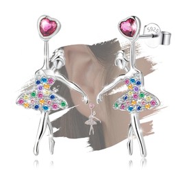 Women’s Sterling Silver Ballerina Stud Earrings Colorful Heart Cubic Zirconia Hypoallergenic Lightweight Fashion Elegant Dancer Stud Earrings
