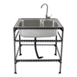 Free Standing Stainless-Steel Single Bowl, Commercial Restaurant Kitchen Sink with 2 Faucet, Laundry Sink with Hot and Cold Water Pipes