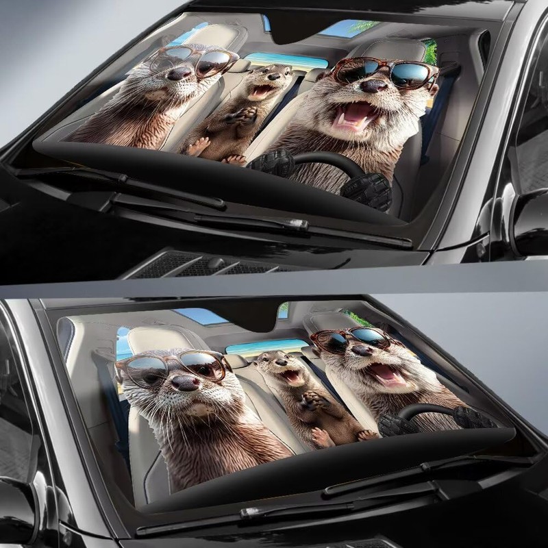 Funny Otter Family Car Front Windshield Sun Shade, Cool Otter