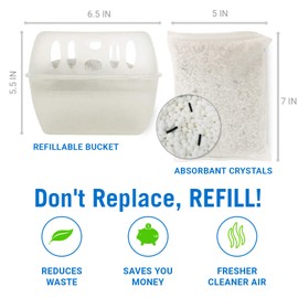 Refillable Moisture Absorber Bucket with Refill Pack, Unscented and Fragrance-Free, Controls Water, Humidity, Odors, and Damp Air, Ideal for Basement, Closet, Home, Boat, RV, and Car Use