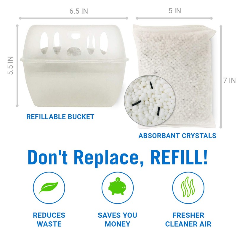Refillable Moisture Absorber Bucket with Refill Pack, Unscented and Fragrance-Free,