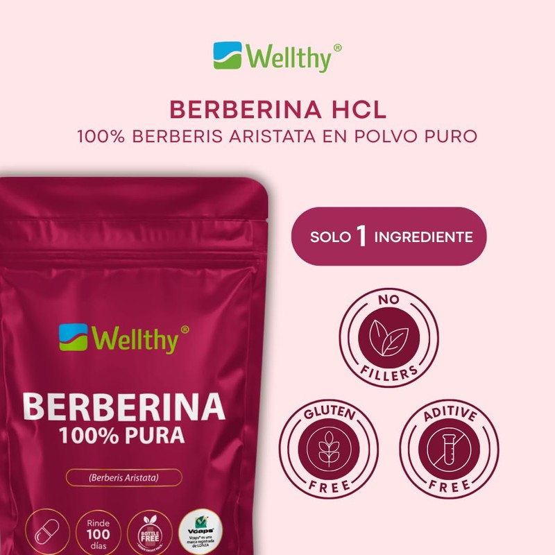 Wellthy Berberina Pura 200 Cápsulas. 100% Berberis Aristata, 500mg c/u,