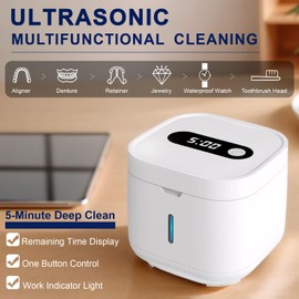 Ultrasonic Retainer Cleaner Machine, 7.5 oz Dentures Cleaning Pod with Digital Display for Mouth Guards, Aligner, Night Guard, Jewelry & Dental Appliance, 42KHz 24W Sonic Cleaner (White)