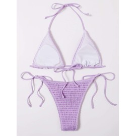 SweatyRocks Traje de baño triangular de 2 piezas para mujer, parte superior halter, tanga lateral con lazo, Morado, S