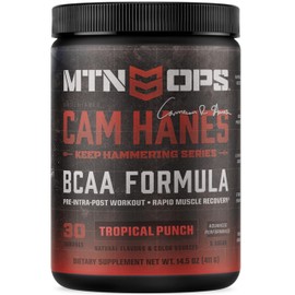 MTN OPS BCAA Powder 2:1:1 Amino Acids Supplement Powder for Rapid Muscle Recovery & Repair with Zero Sugar & Gluten Free - 30-Servings, Tropical Punch, Cameron Hanes Keep Hammering Series