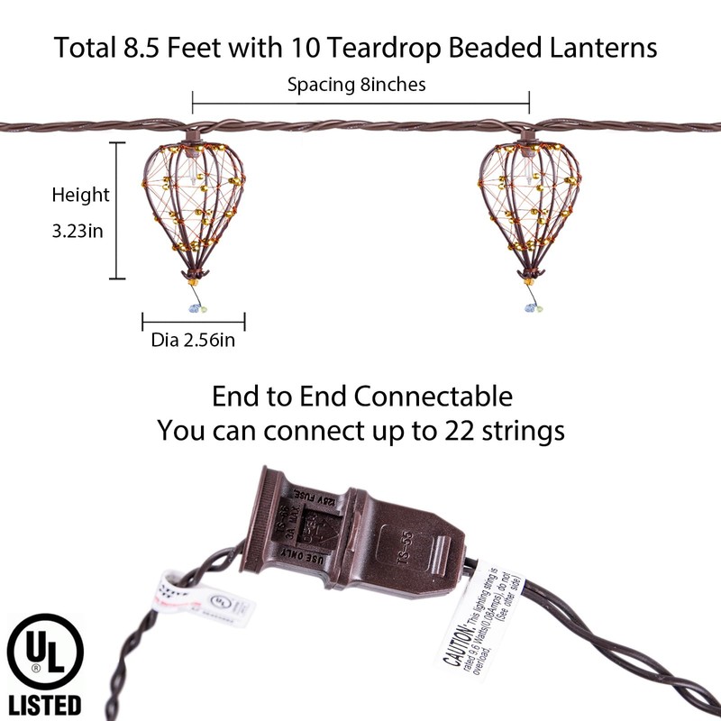 Outdoor Decorative String Lights, Beaded Copper Wire Teardrop Lantern String