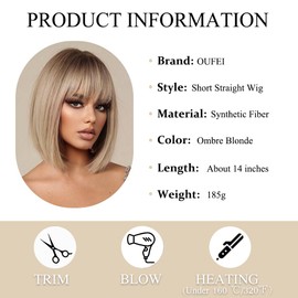 OUFEI Ombre Blonde Bob Wig With Bangs Short Straight Wig For Women Synthetic Hair Wigs for Daily Party Cosplay Wear