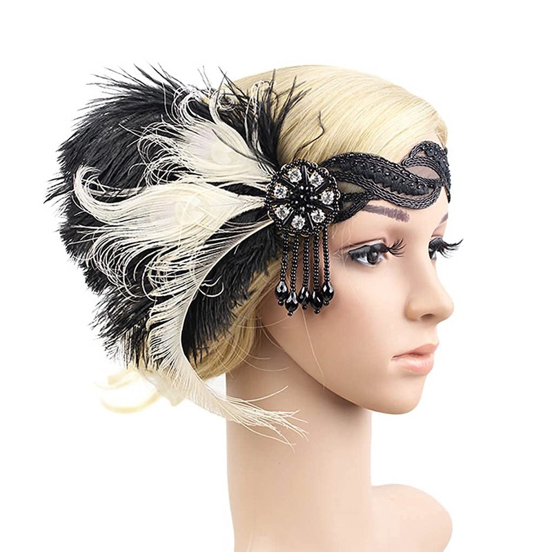 Flapper Girl Black Ivory Ostrich Feather Headpiece, Black-ivory, Size One