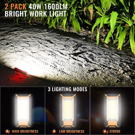 Favorlite 2 Pack 40W 1600LM LED Work Light, Rechargeable Portable Magnetic Flood Lights for Outdoor Camping Emergency Car Repairing and Waterproof Job Site Lighting