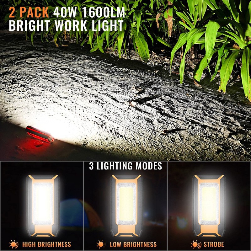 Favorlite 2 Pack 40W 1600LM LED Work Light, Rechargeable Portable