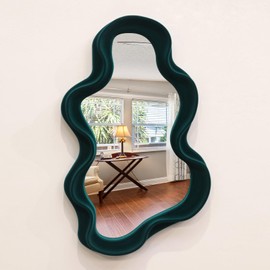 TEIPAI 13.8x29.7 Big Decorative Mirror for Girly Bedroom Dresser Decor, Abstract Wavy Wall Mirrors for Home Book Coffee Shop Hotel Decoration, Unique Gift for Birthday Thanksgiving (Dark Green)