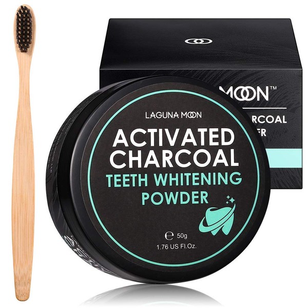Lagunamoon Activated Charcoal Natural Teeth Whitening Powder with Bamboo Brush- No Hurt on Enamel or Gum, Alternative to Toothpaste, Strips, Kits, Gels