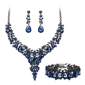 EVER FAITH Banquet Prom Jewelry Set for Women, Elegant Crystal Flower Round Teardrop Statement Necklace Dangle Earrings Bracelet Sets Sapphire Blue Black-Tone