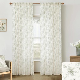 Sage Green Spring Floral Boho Curtains 2 Panels for Living Room,Vintage Botanical Prints Sheer Printed Linen Light Weight Leaf Vine Curtains for Bedroom 84 Inches Long