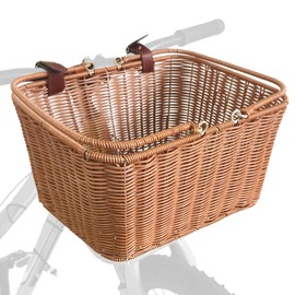 Bike Basket Front, Large Wicker Baskets for Bike, Hand-Woven Bicycle Basket with Iron Framework, Detachable Front Handlebar Bike Basket (Red Brown)