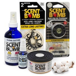 Scent Bomb Air Freshener Bundle - 1 oz & 8 oz Bottle Sprays, Vent Clip, Organic Cans, Hanging Circle - Continuous Freshness & Long-Lasting Odor Eliminator for Car, Home, Bathroom - Clean Cotton