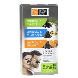 globalbeautycare Global Beauty Care Paquete variado de 18 tiras de limpieza de nariz, carbón con árbol de té, hamamelis y vitamina C para tiras de eliminación de puntos negros, 18 unidades